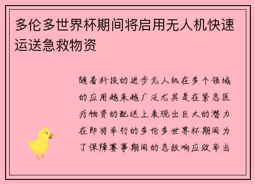 多伦多世界杯期间将启用无人机快速运送急救物资