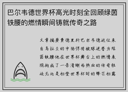 巴尔韦德世界杯高光时刻全回顾绿茵铁腰的燃情瞬间铸就传奇之路
