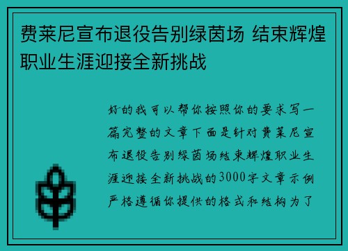 费莱尼宣布退役告别绿茵场 结束辉煌职业生涯迎接全新挑战